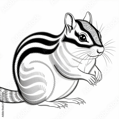 ‎A black and white chipmunk line art of a coloring page white background