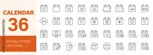 Calendar icon set. Containing date, schedule, month, week, appointment, event, time, planning, day, agenda, clock and more. Editable line icons. Vector illustration.