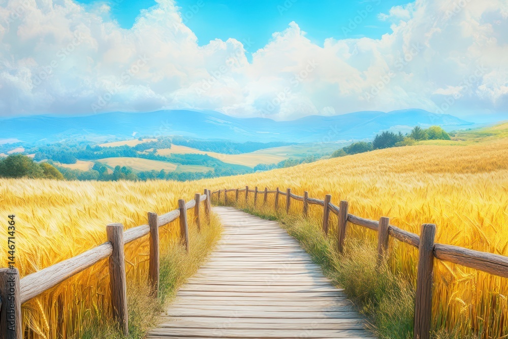 Golden wheat field path, mountain backdrop Golden wheat field path, mountain backdrop