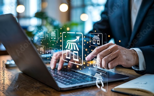 Businessman Using Laptop For Franchise Expansion And Business Growth Online With Hologram Icons And Bright Bokeh Lights In Corporate Setting