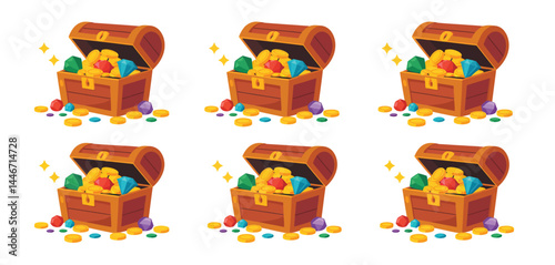 Six Wooden Treasure Chests Filled with Gold Coins and Gems
