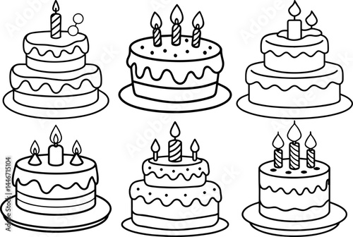 Set of birthday cake outline vector illustration line art coloring book page