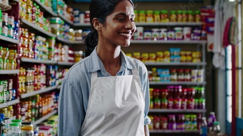 Wallpaper Mural A woman in an apron smiles in a grocery store aisle. The eye-level angle captures a candid, lively atmosphere, ideal for a promotional video. Torontodigital.ca