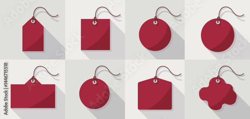 Set of Six Red Price Tags with Strings and Shadows