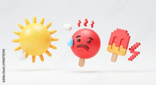 Sun shining and melting popsicle and suffering emoticon on white background