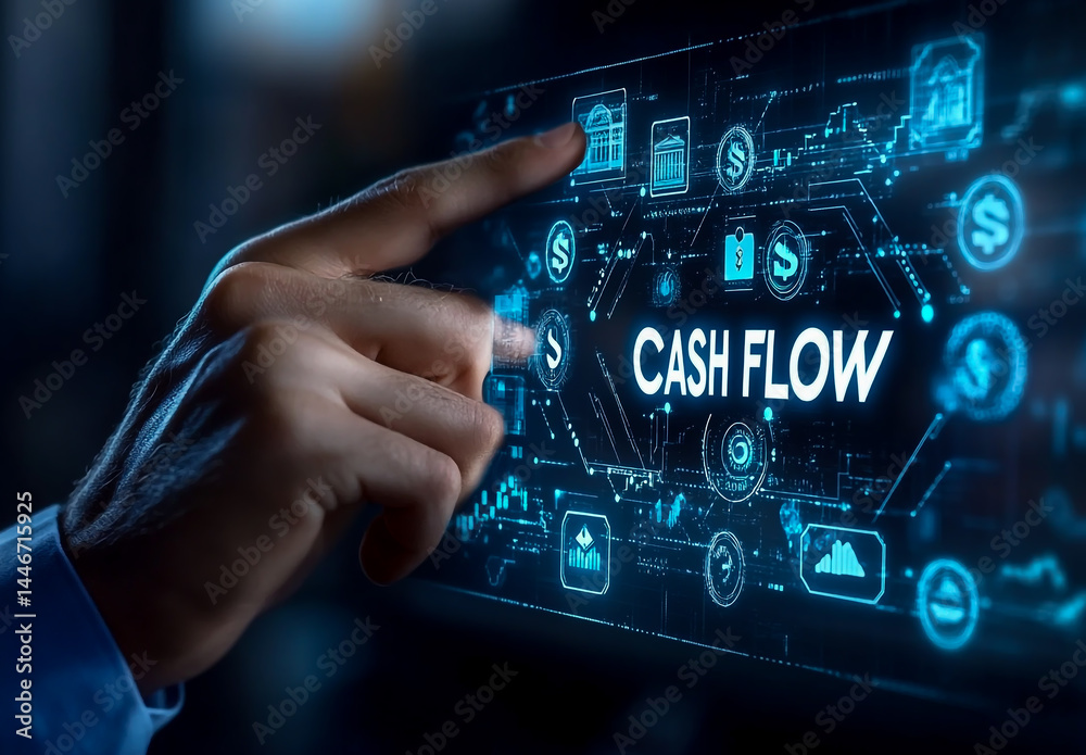 A businessman is touching a virtual screen with the word CASH FLOW and icons of money, coins, and dollar signs on a transparent background, representing a financial concept idea