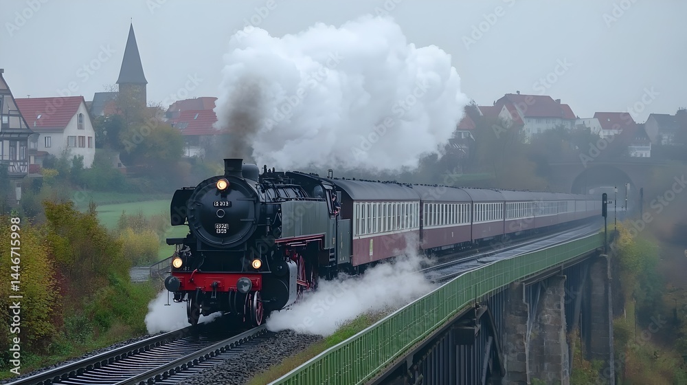 Naklejka premium Steam train crossing bridge cloudy day