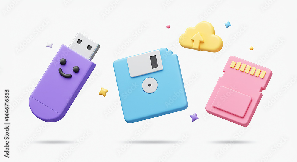 Obraz premium 3d rendering of data storage evolution from floppy disk and memory card to cloud storage