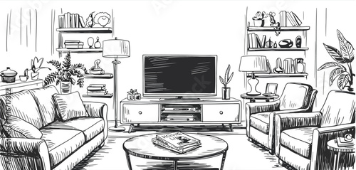 Hand Drawn Sketch of a Cozy Living Room Interior