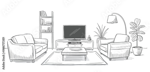 Hand Drawn Sketch of a Cozy Living Room Interior