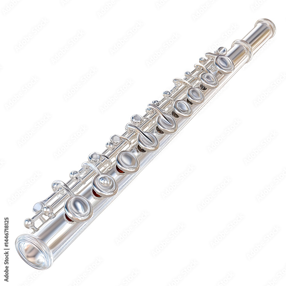 Fototapeta premium A gleaming silver flute rests on a clean white background ready for a musical performance or studio recording session.