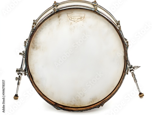 A vintage bass drum sits on its legs against a white background showing its aged and worn drumhead. photo