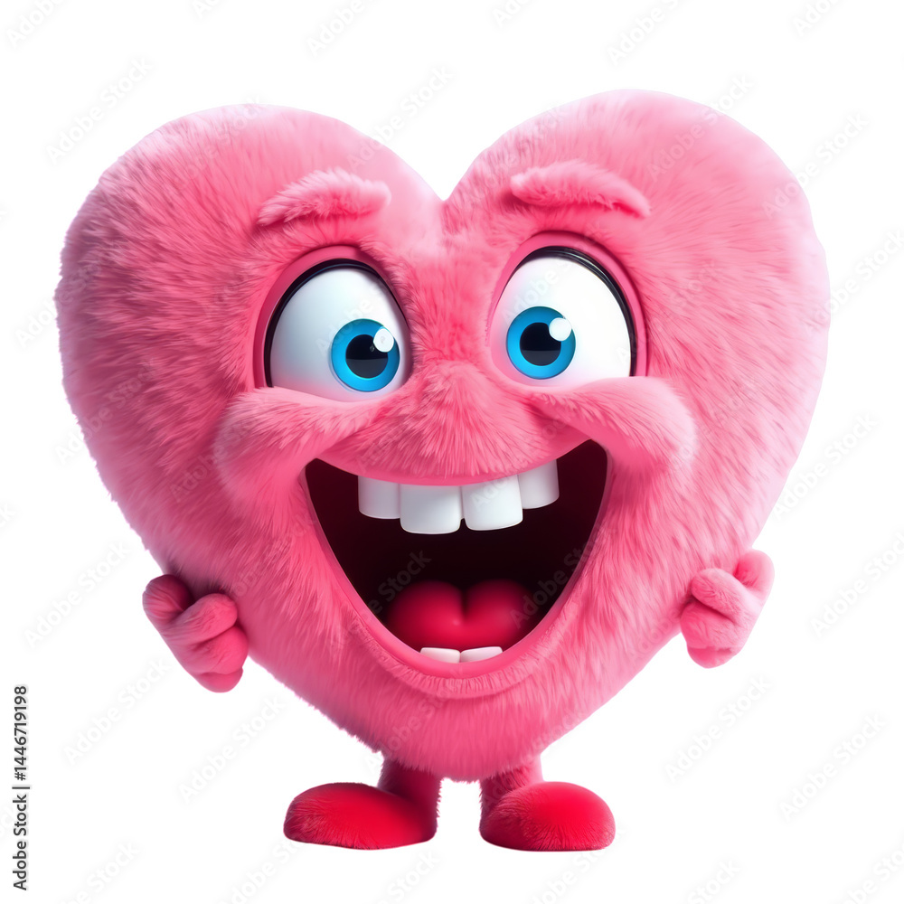 Obraz premium Fuzzy Pink Heart Character with Big Smile, transparent background..