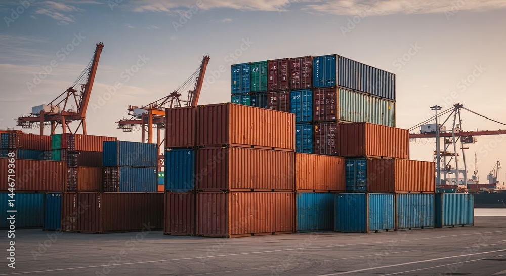 Fototapeta premium Stacked Cargo Containers: A Serene Harbor Sunset