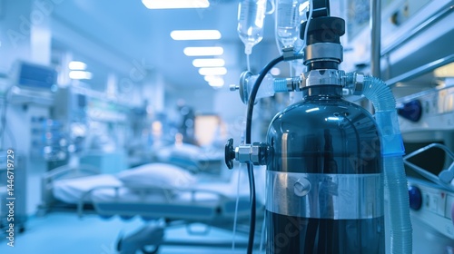 Close-up of an oxygen tank and mask in a hospital ward, detailed shot, in an emergency setting, sharp composition, with cool blue lighting