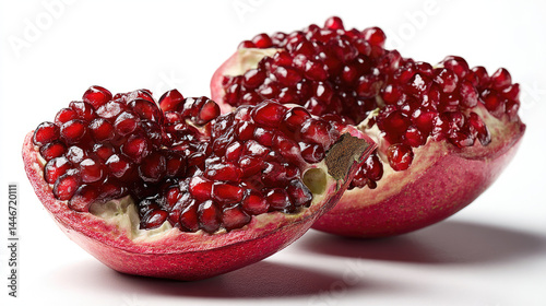 Two halves of a pomegranate, displaying the vibrant red arils.  The fruit is ripe and juicy, with segments clearly visible against the pale interior