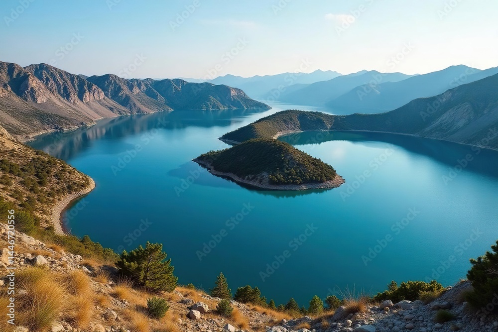 Naklejka premium Irregular shaped lake with inlets and coves, rocky shoreline , wildlife, watery, trees