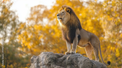 Majestic male lion perched on a rocky outcrop overlooking vibrant autumnal foliage embodying power wilderness and untamed natural beauty wildlife view