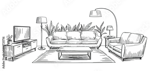 Hand Drawn Sketch of Modern Living Room Interior Design