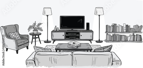 Modern Living Room Sketch with Sofa and Armchair