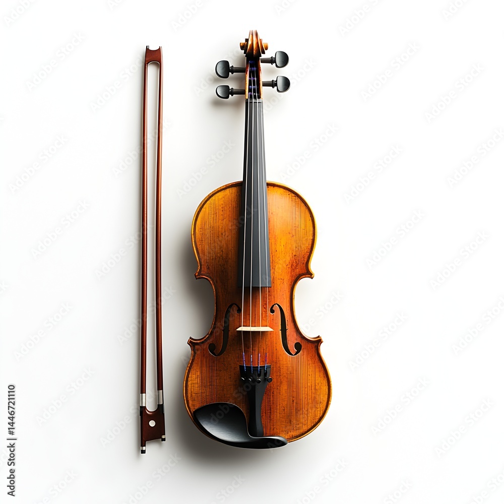 Fototapeta premium A classic violin and bow rest elegantly on a pristine white background, perfect for musical projects and artistic designs.