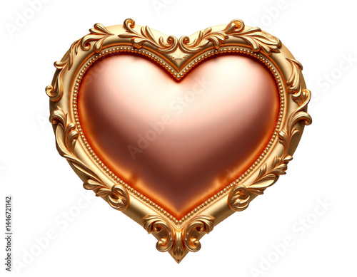 Gold Heart Frame, Ornate, Shiny, Love, Transparent Background
