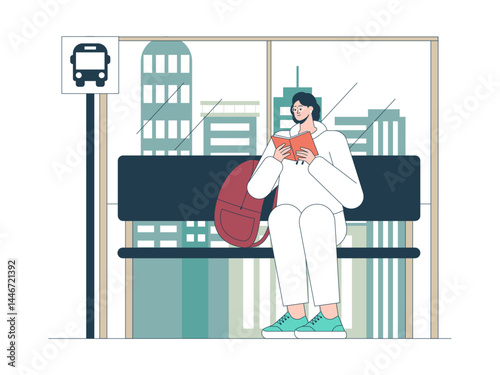 People reading book at bus station. Commuter illustration. Flat vector illustration concept.