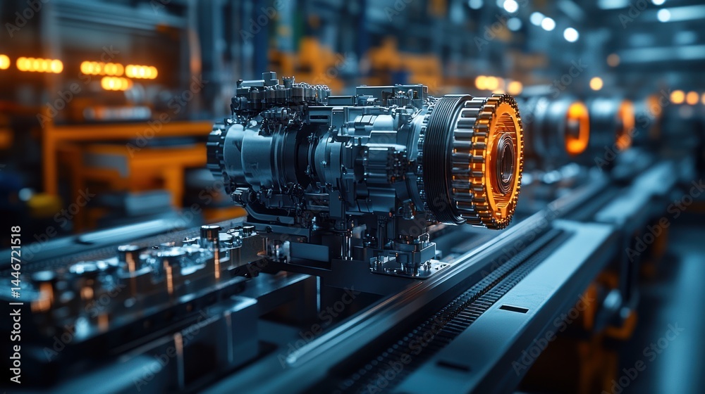 Engine parts on a conveyor belt in a factory with blurred background. Engine parts on a conveyor belt in a factory with blurred background.