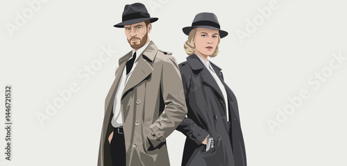 Stylish Couple in Retro Trench Coats and Fedoras