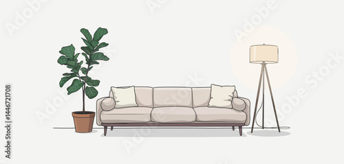 Beige Sofa with Fiddle Leaf Fig Plant and Floor Lamp