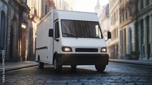 Realistic mockup of a modern white van parked on a city street, front three-quarter view,  urban background with soft focus