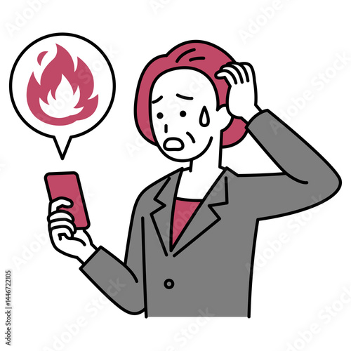 SNSが炎上して困惑している中年のスーツの女性（スマートフォン）