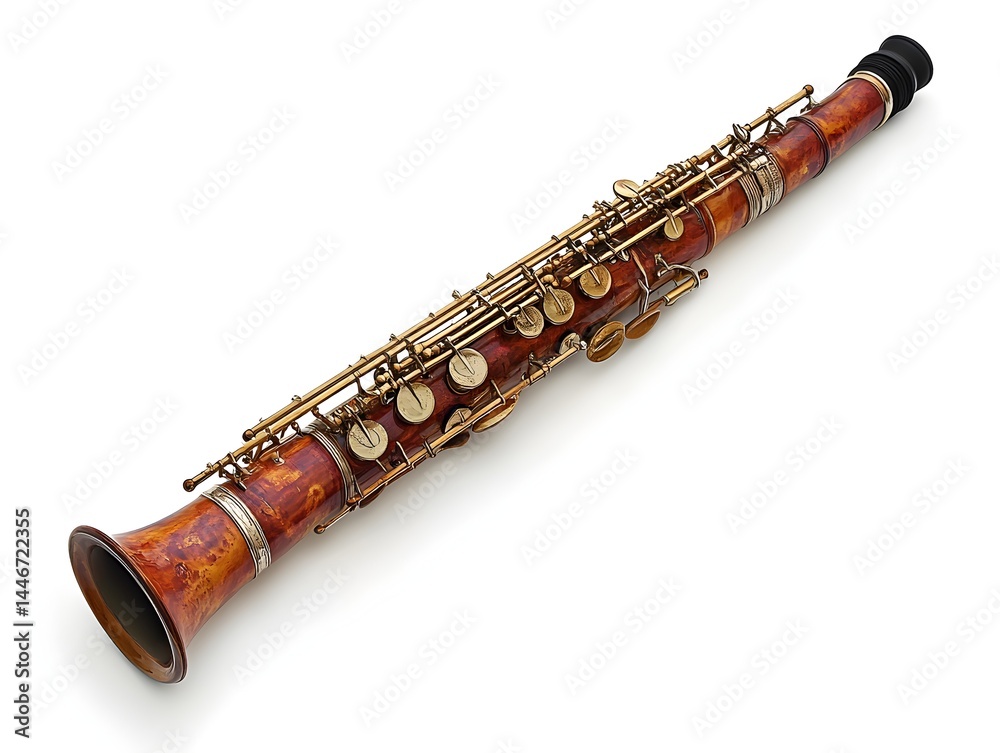 Naklejka premium A vintage wooden alto saxophone with brass keys rests on a clean white background showcasing intricate detail and craftsmanship.