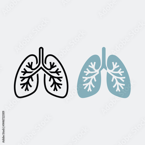 Human Lungs Icon Set Black and Blue Line Art