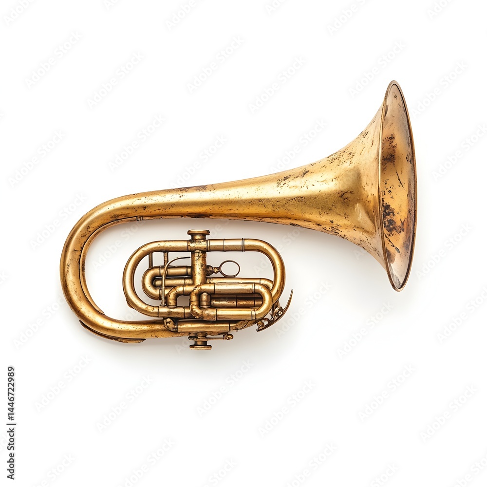 Obraz premium A vintage brass alto horn instrument rests on a white background showcasing its aged patina and intricate details.