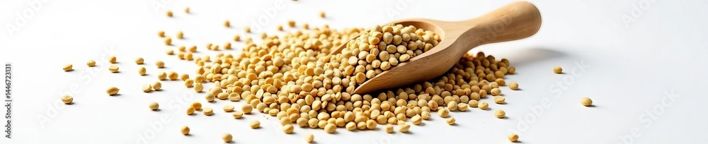 Aerial view of a scoop filled with nutritious hemp seeds on white background, fresh, top view, vegan Aerial view of a scoop filled with nutritious hemp seeds on white background, fresh, top view, vegan