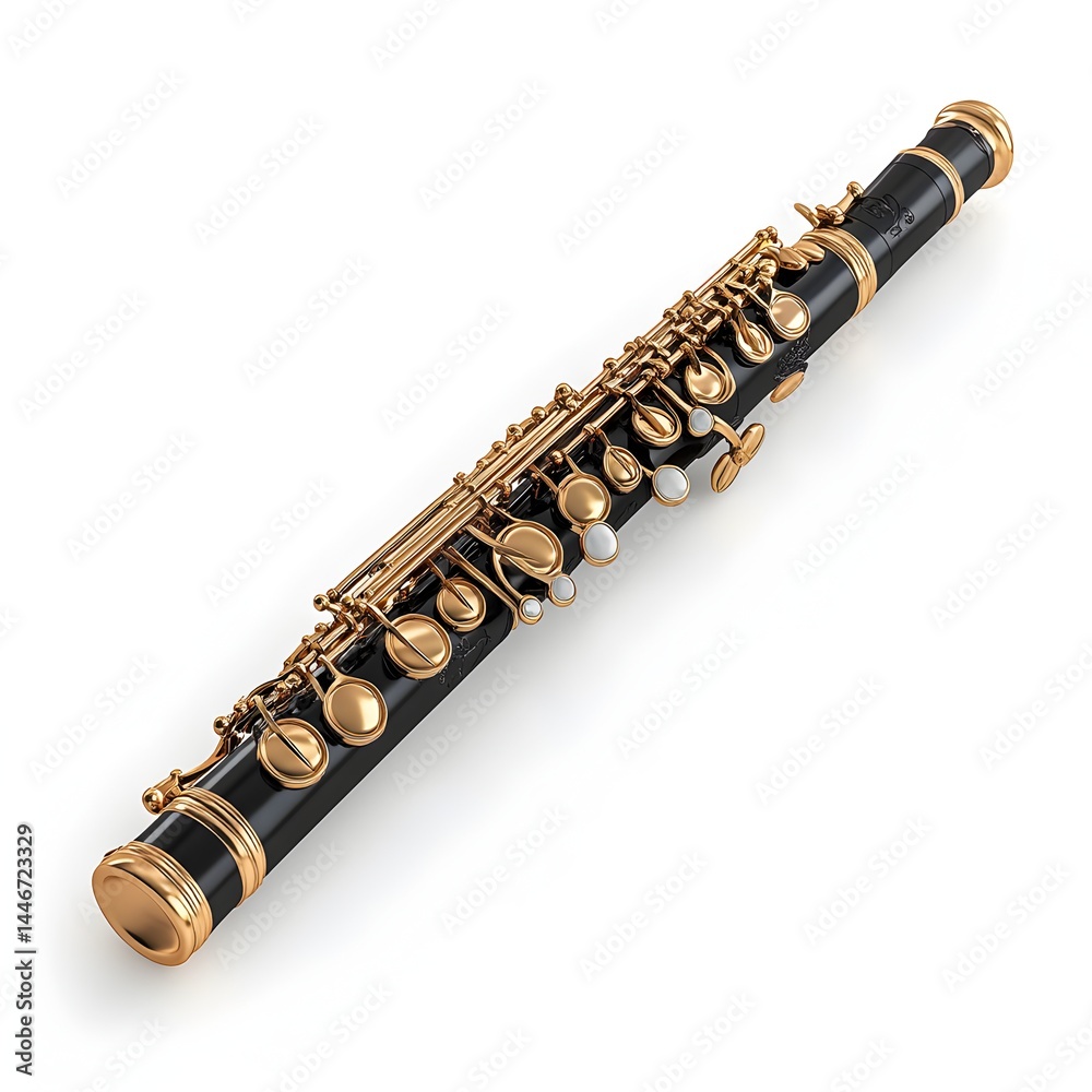 Fototapeta premium A polished black flute with gold keys rests on a pristine white background showcasing its elegant design and musical potential.