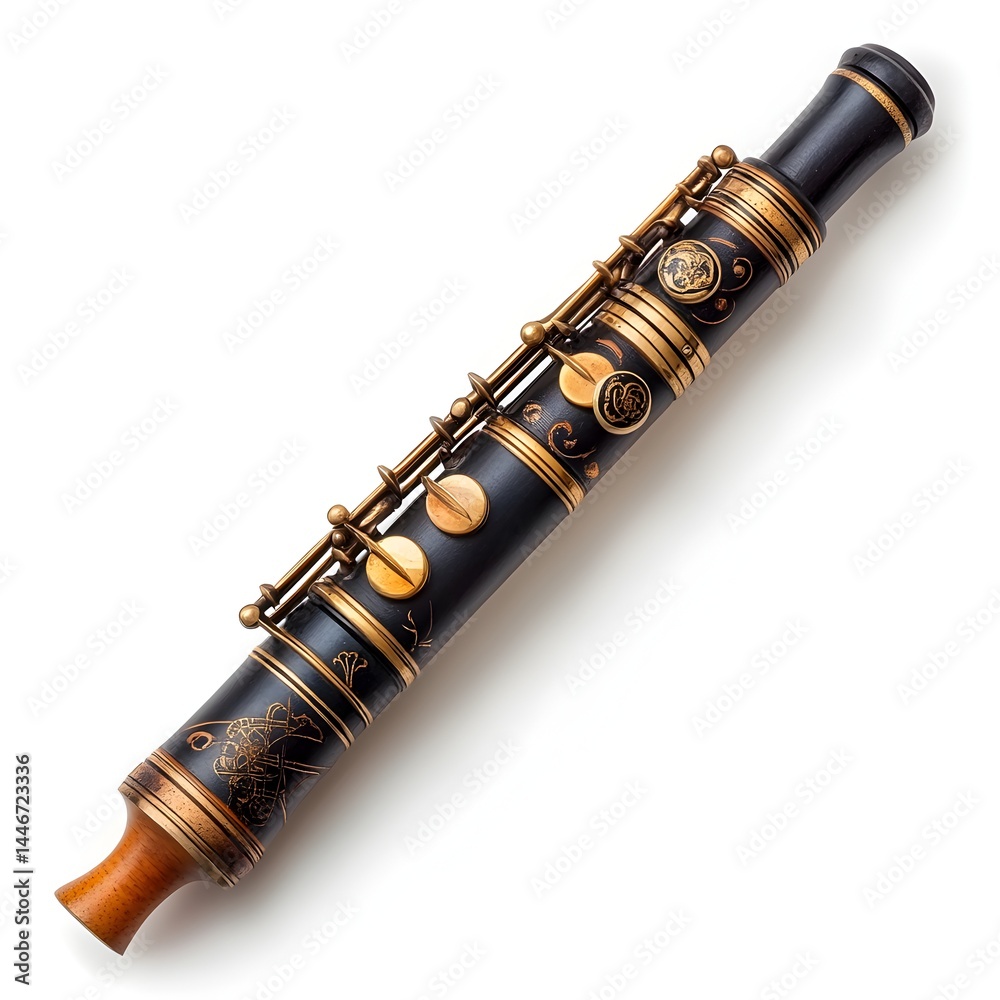 Naklejka premium An antique black and gold woodwind instrument with intricate detailing rests on a pristine white background showcasing its elegant design and