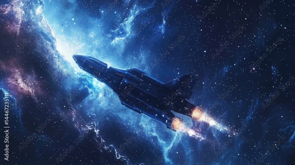 Dark spaceship soaring through nebulae in deep space. Dark spaceship soaring through nebulae in deep space.