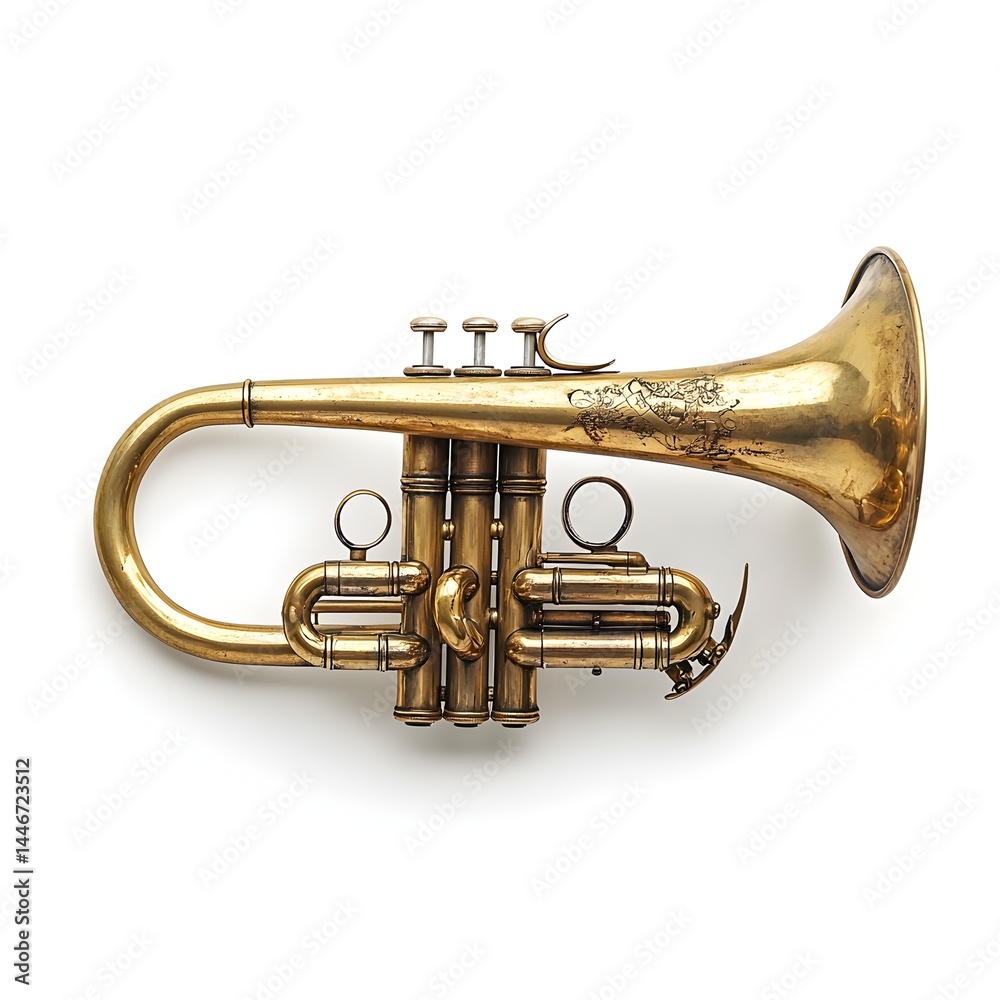 Obraz premium A vintage gold-lacquered cornet rests on a white background showcasing its intricate details and aged brass finish.