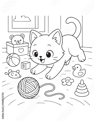 Coloring book kitten pounces on a ball of yarn amidst scattered toys in a cheerful room