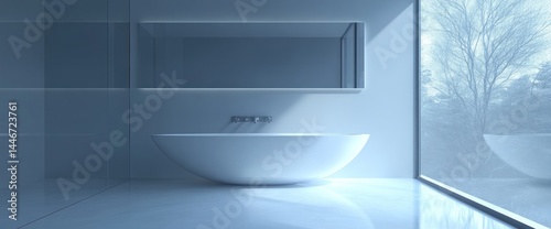 Serene Minimalist Bathroom Design with Modern Freestanding Bathtub and Window View