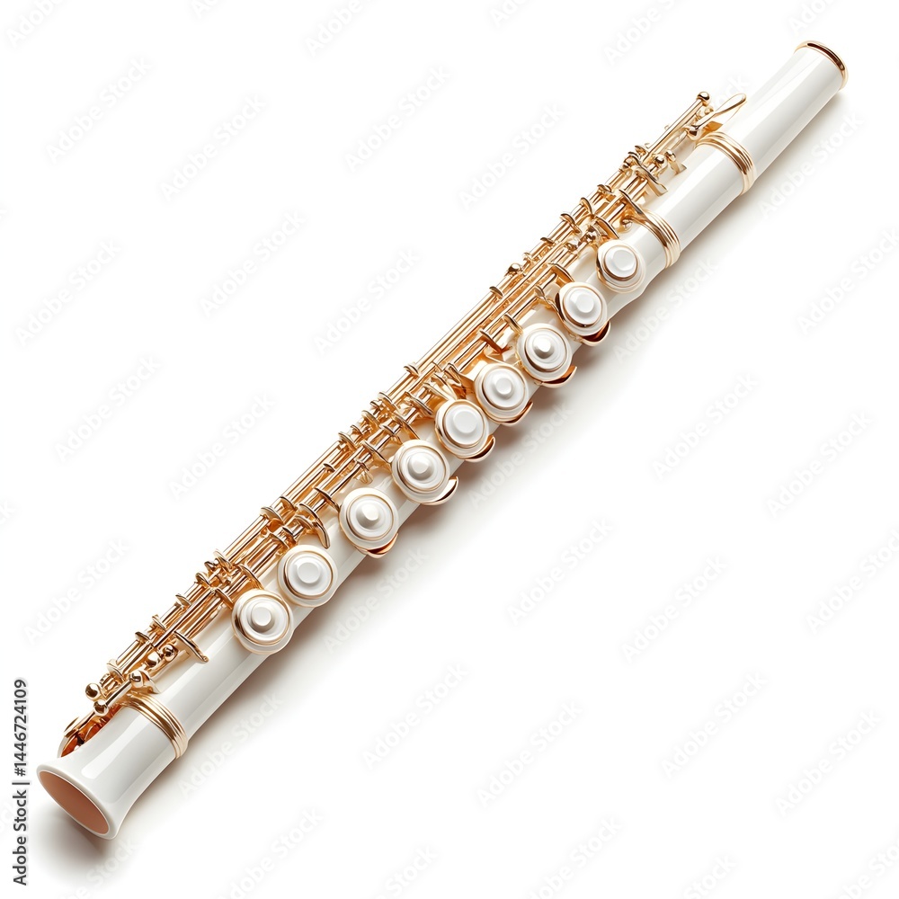 Fototapeta premium A gleaming white flute with gold-plated keys rests elegantly on a pristine white background, ready for a musical performance.