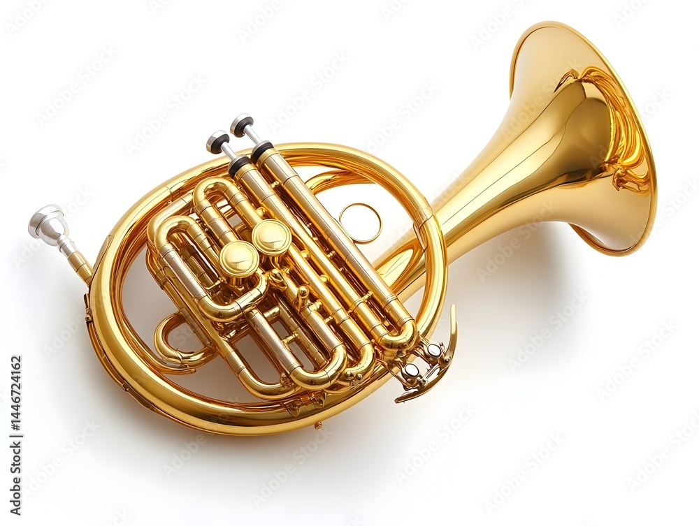 Fototapeta premium A gleaming gold French horn rests on a pristine white background showcasing its intricate valves and polished finish.