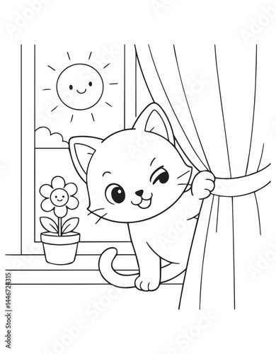 Coloring book kitten peeks out from behind a curtain near a window. 