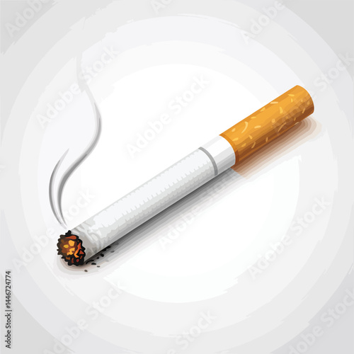 Burning Cigarette with Smoke Trail on White Background