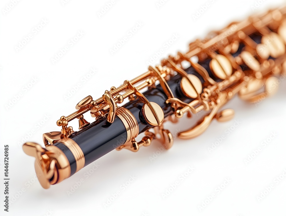 Naklejka premium A gleaming black and rose gold oboe rests elegantly on a pristine white background showcasing its intricate details and luxurious craftsmanship.