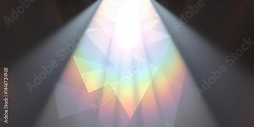 Angular prisms refract light, casting soft rainbow gradients on a silver surface, lines, vibrant