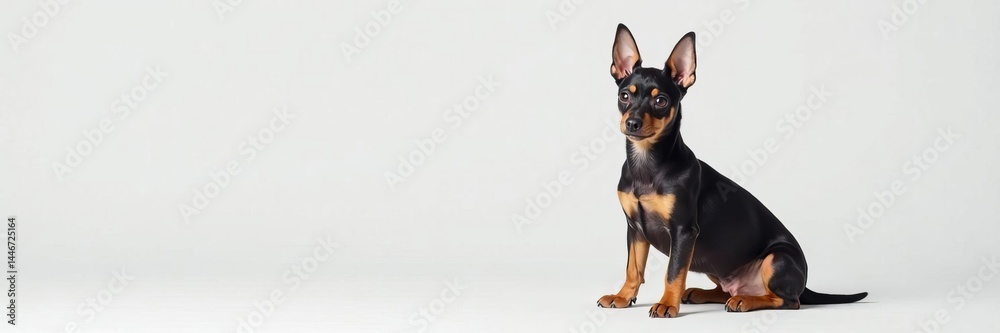 An isolated dwarfish pinscher dog sitting on a white surface, white, adorable, isolated An isolated dwarfish pinscher dog sitting on a white surface, white, adorable, isolated