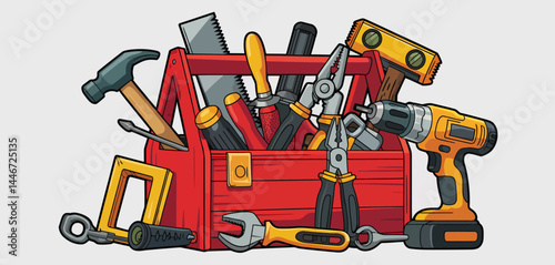 Full Red Tool Box with Various Hand and Power Tools